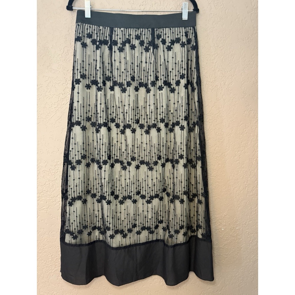 Cato Women's Floral Embroidered Black Sheer Overlay Maxi Skirt. Stretch Waist. M